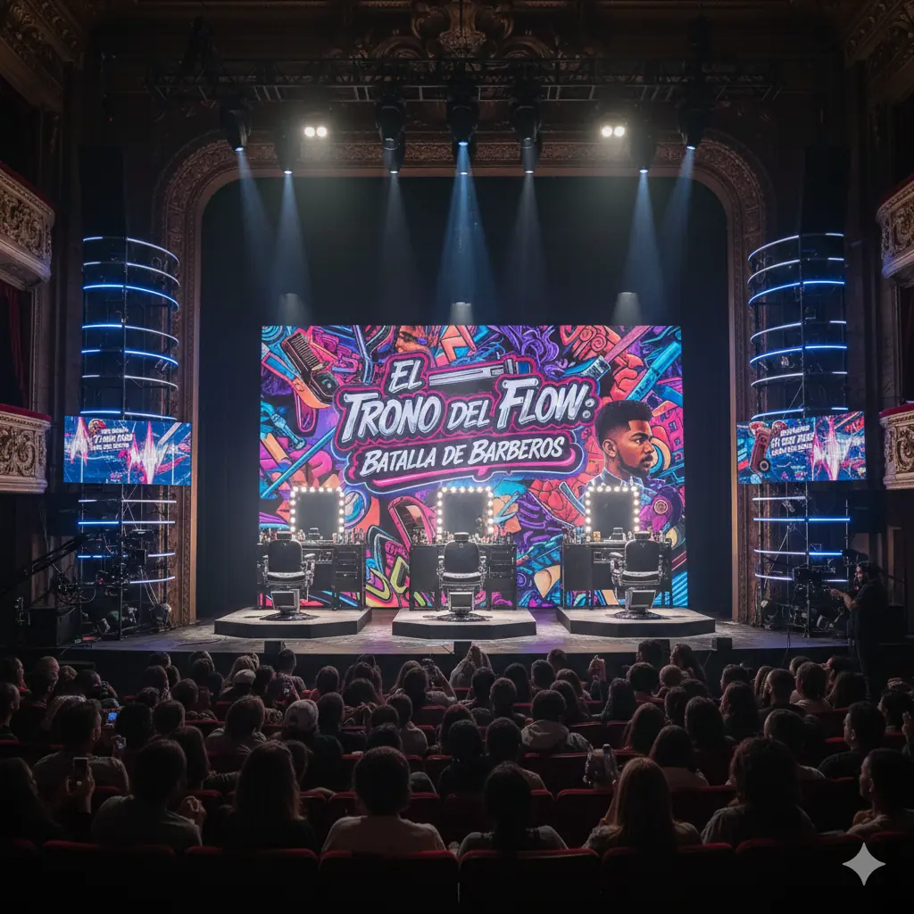 Escenario de El Trono del Flow con tres sillas de barbero frente a un público